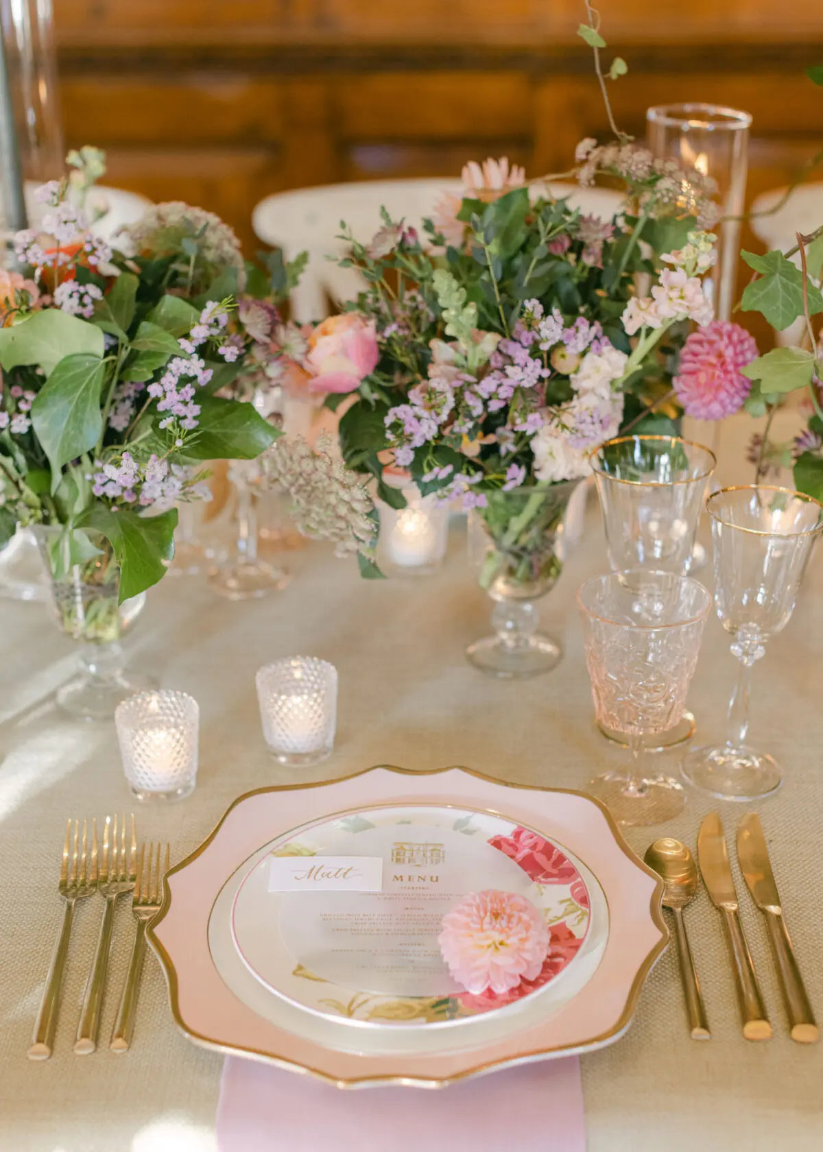 autumn inspired luxury place setting two tables dressed in huge autumn inspired floral displays - Buckinghamshire wedding