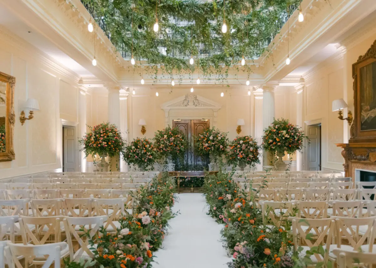 Wedding ceremony set up in the Centre Hall at Hedsor House - Autumn design - Buckinghamshire Wedding