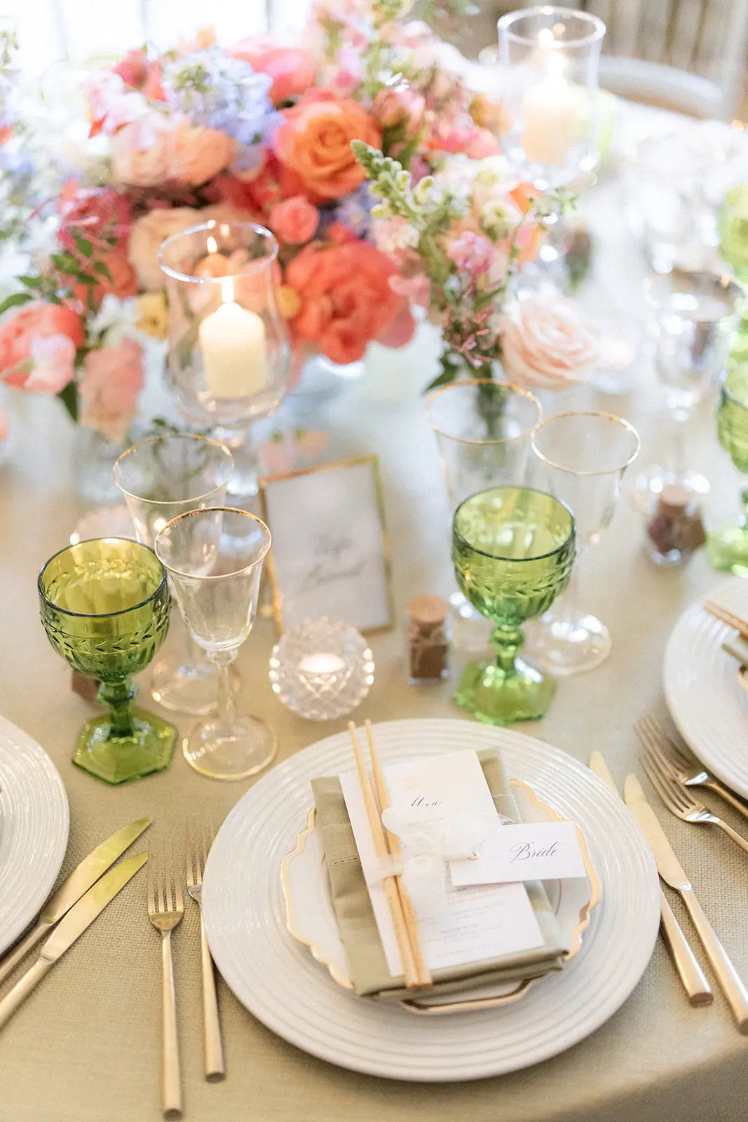 wedding table set up with green and spring colours - wedding designer