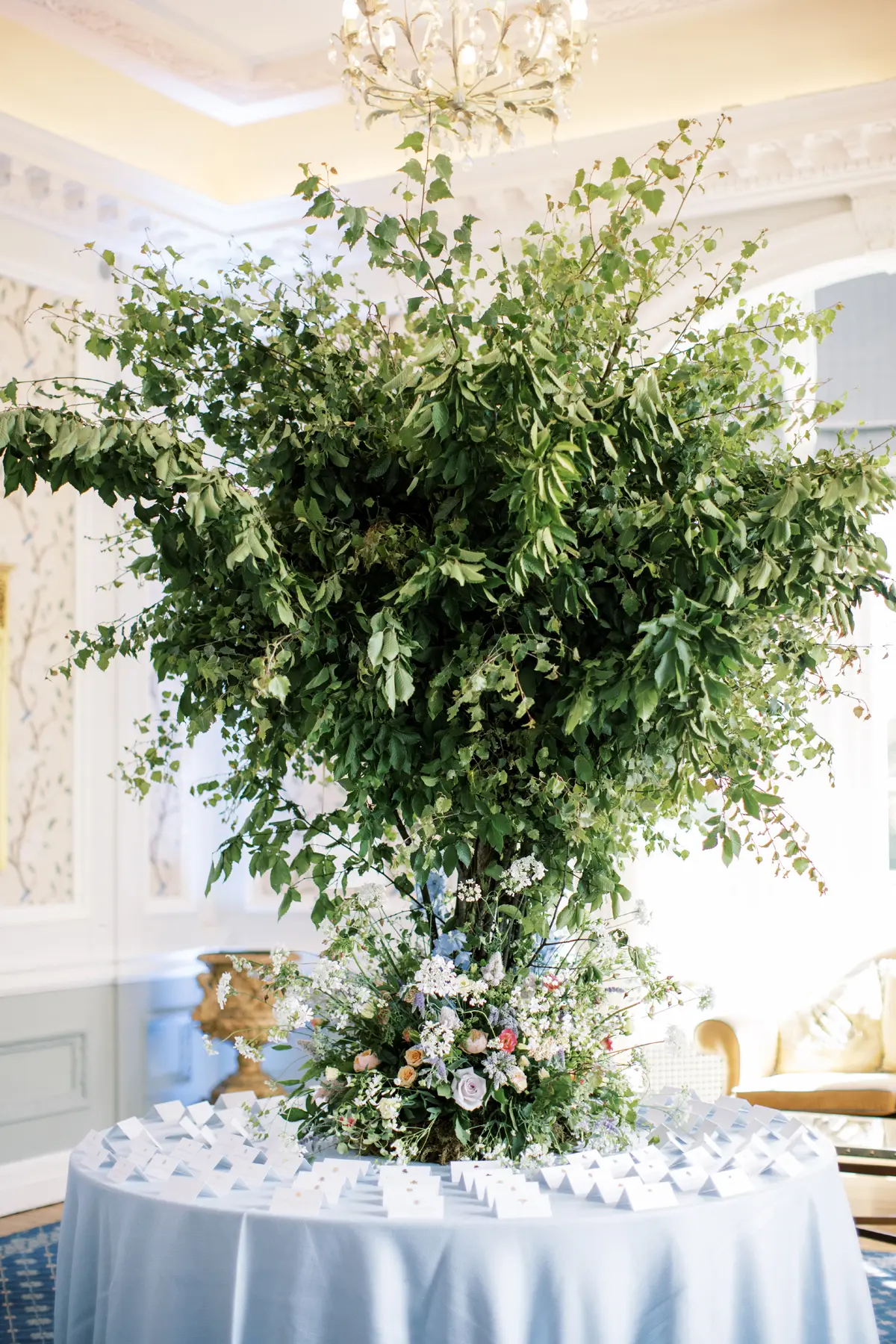 Hedsor House wedding Planner - escort card table with blue linen and large tree