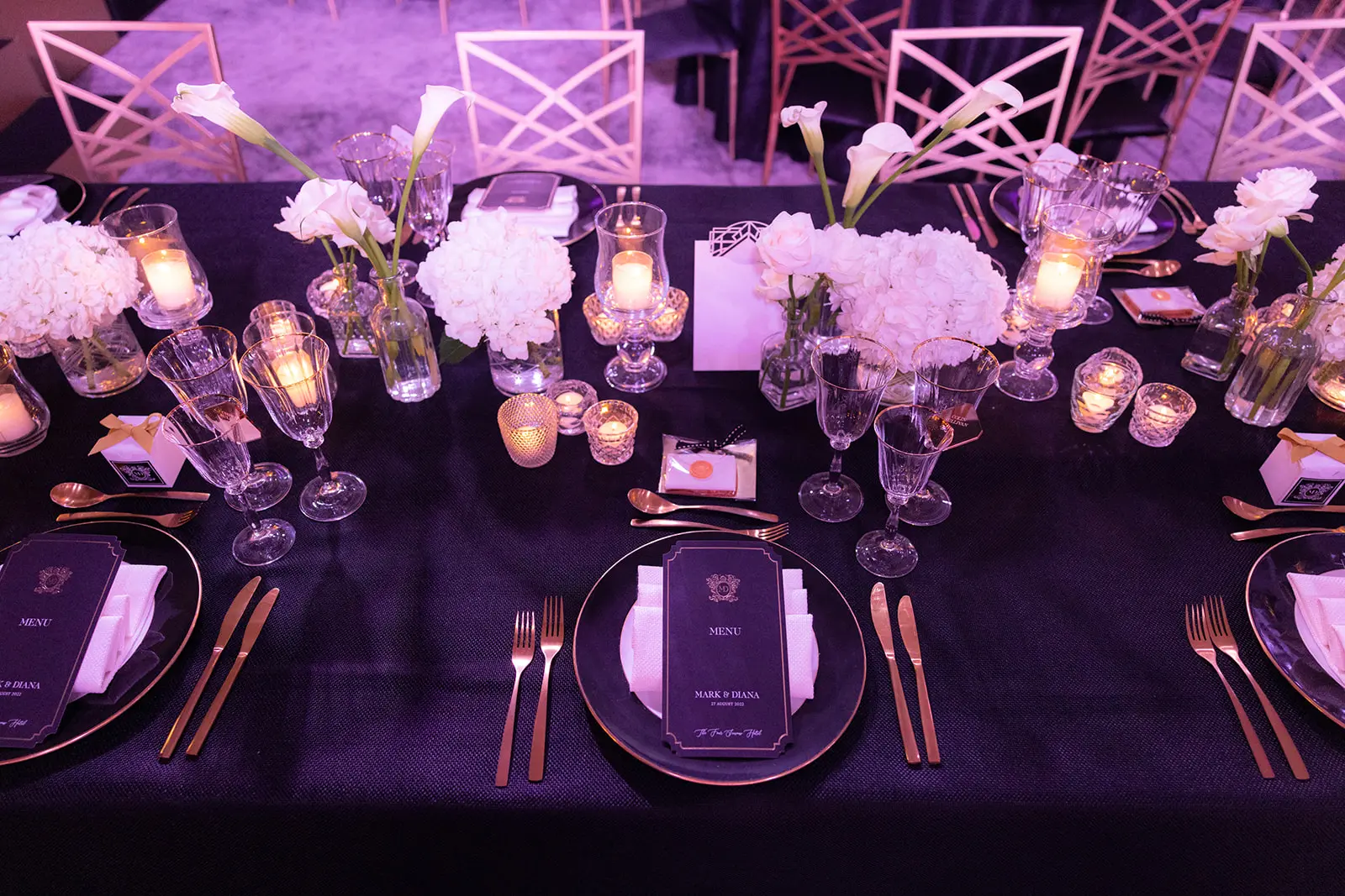 Looking down on black and white table scape in the style of art deco