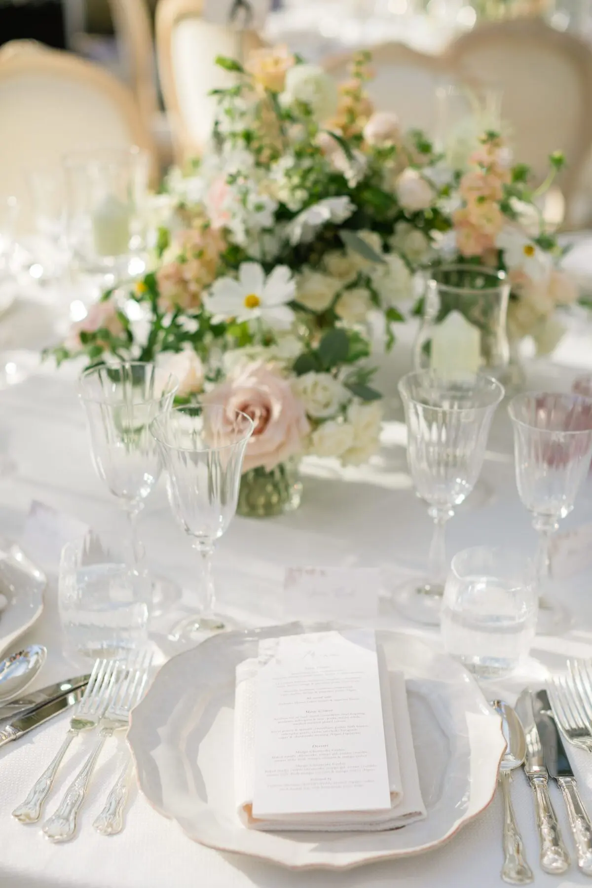 close up of classic white table scape classic wedding dinner design in conservatory - Syon Park Wedding