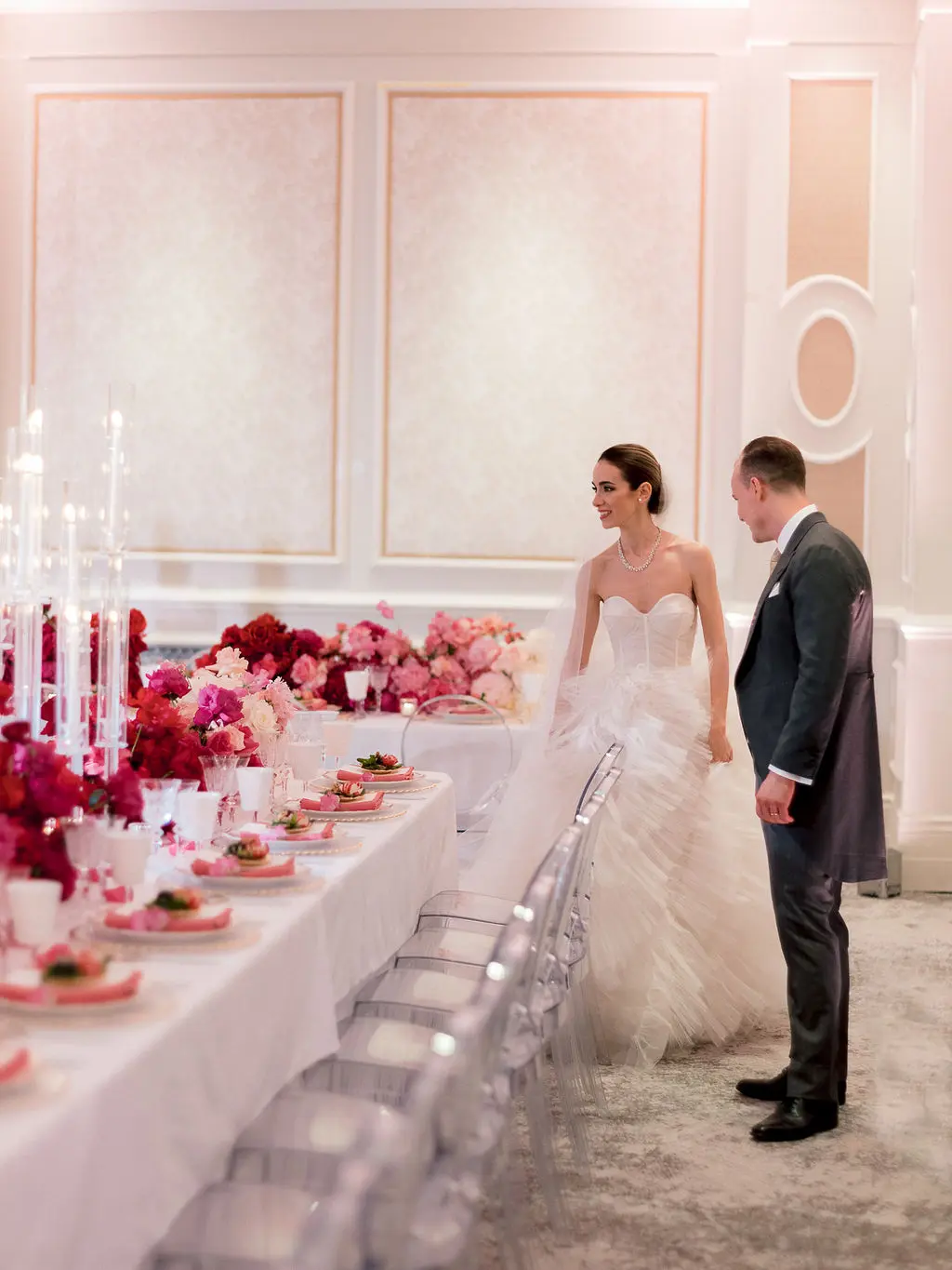 Bride and grooms first look at dinner table set up - Vogue wedding feature