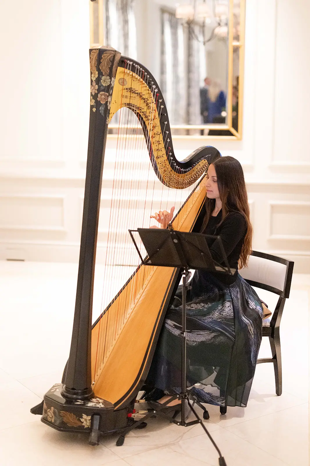 harpist playing - monochrome wedding