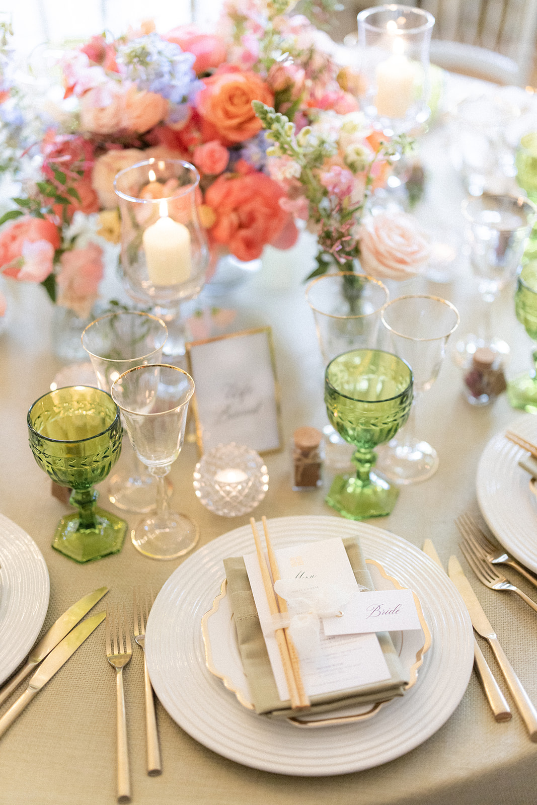 wedding table set up with green and spring colours - wedding designer