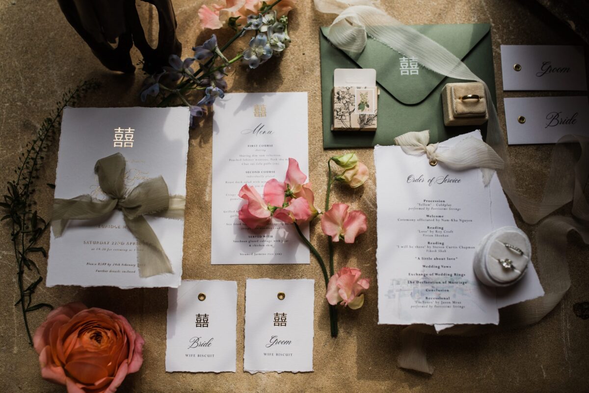 wedding flat lay with invitation and on the day stationery - wedding designer