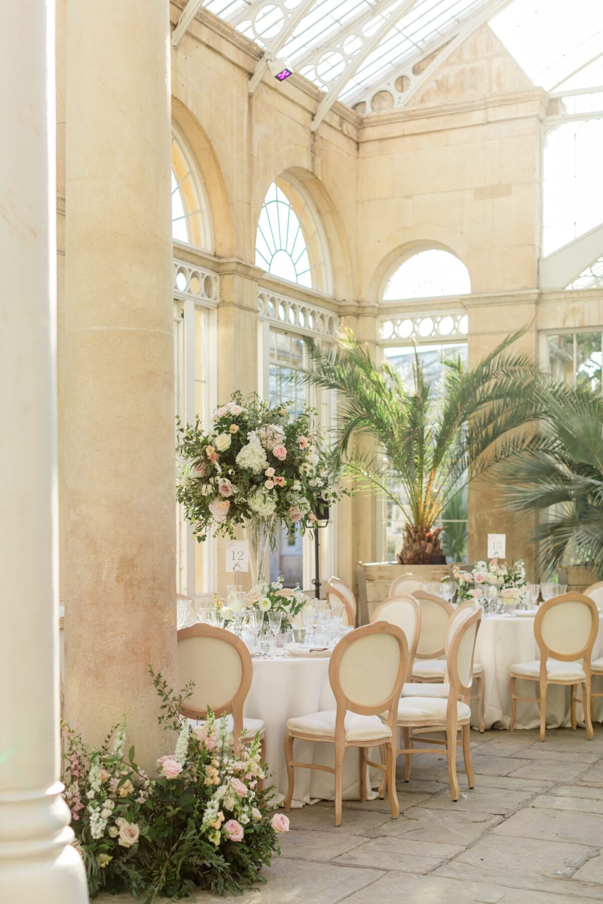 classic wedding dinner design in conservatory - Syon Park Wedding