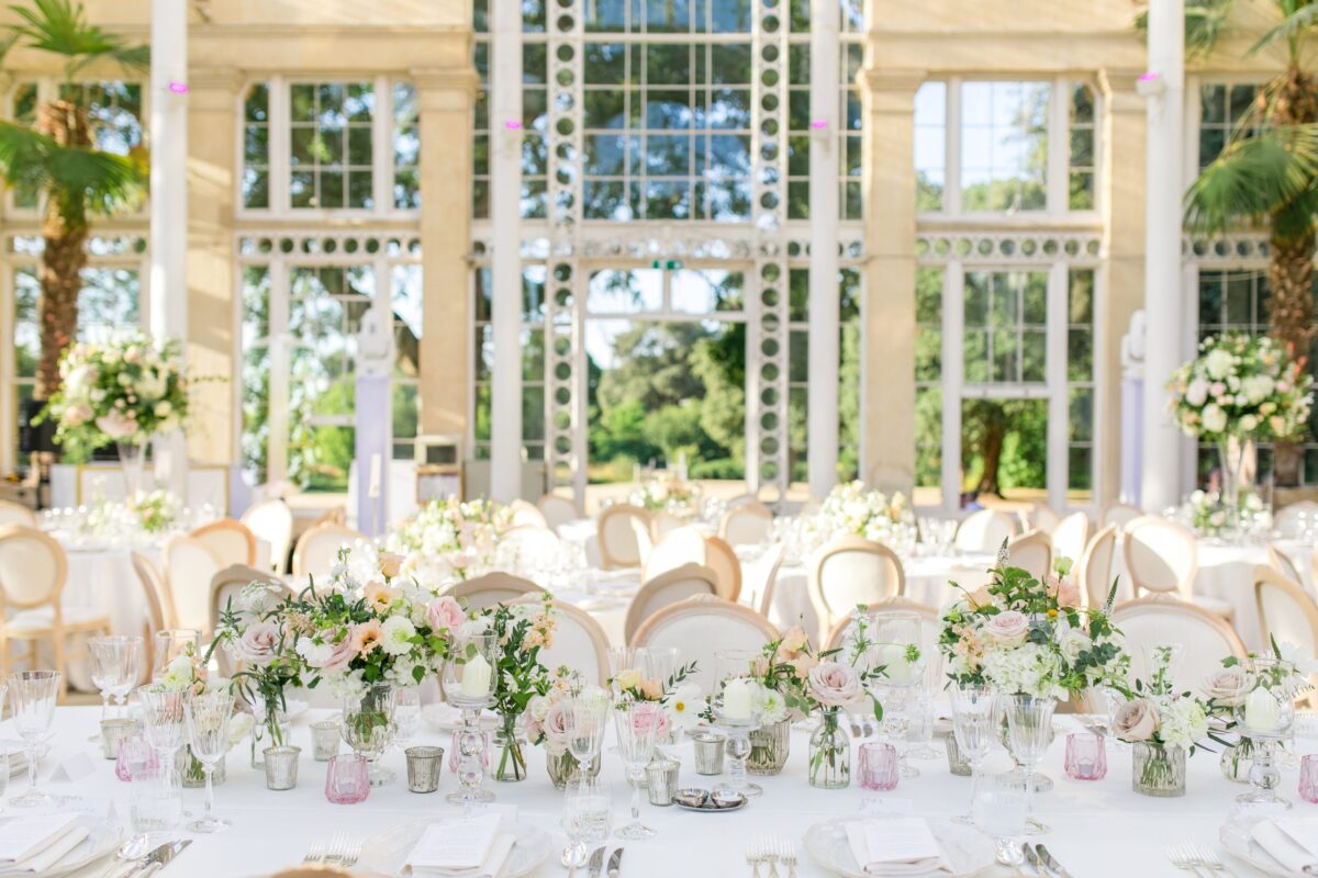 classic wedding dinner design in conservatory - Syon Park Wedding