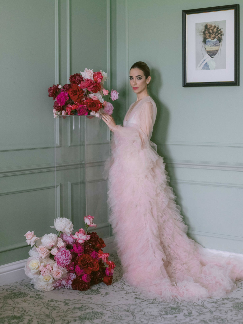 Bride in long pink bridal morning gown with flowers - Vogue wedding feature